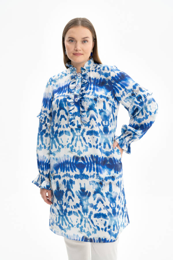 Mavi Yakası Ve Kolları Detaylı Desenli Tunik - 5