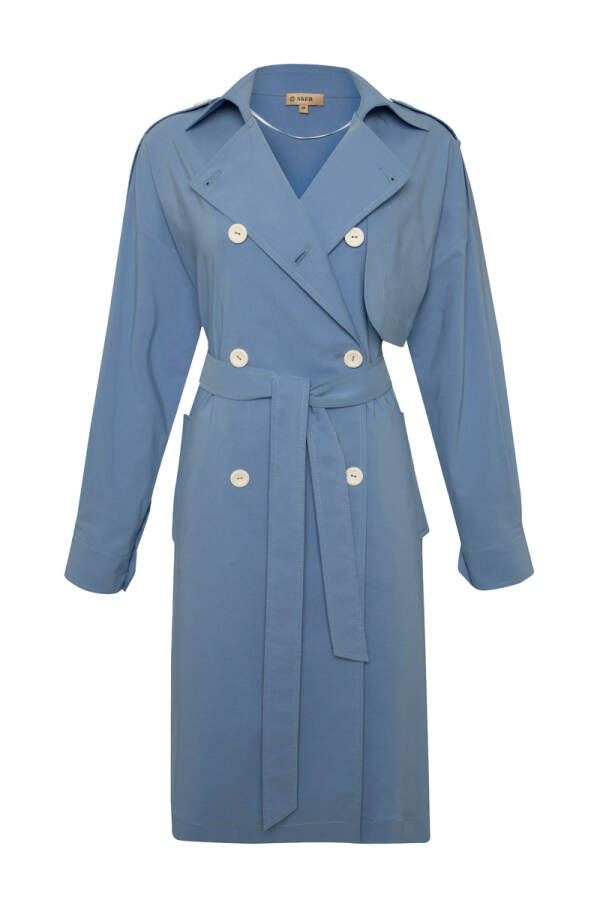 Mavi Yanları Düğme Detaylı Trençkot - 4