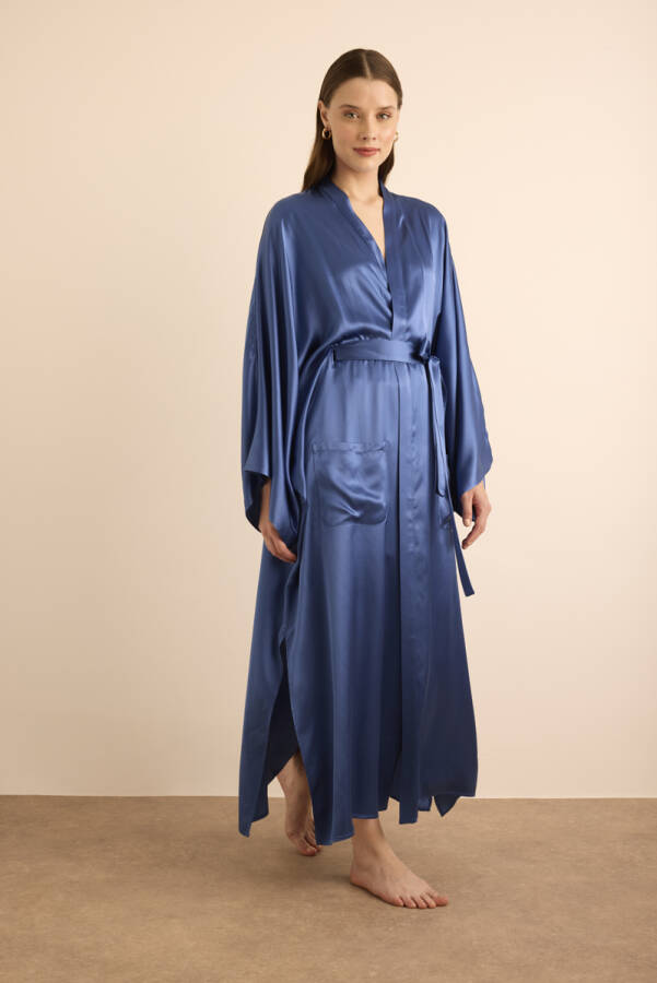 Mavi Yanları Yırtmaçlı Saten Sabahlık - 1