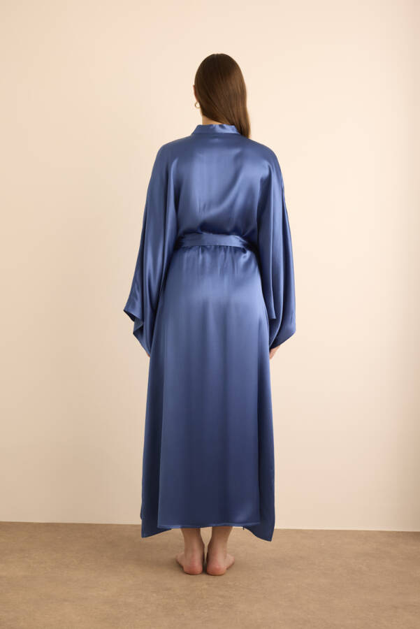 Mavi Yanları Yırtmaçlı Saten Sabahlık - 6