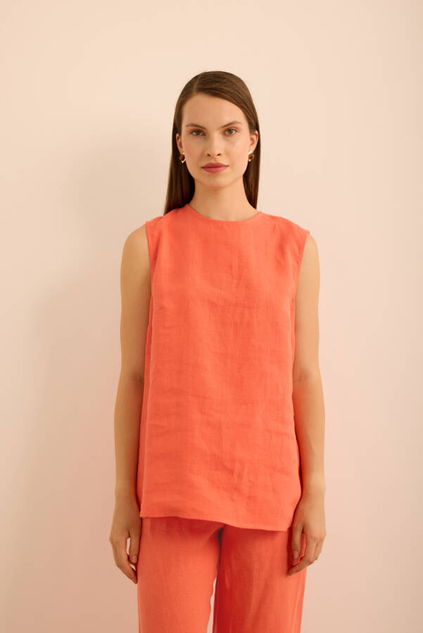 Mercan Bisiklet Yaka Kolsuz Keten Bluz - Aker