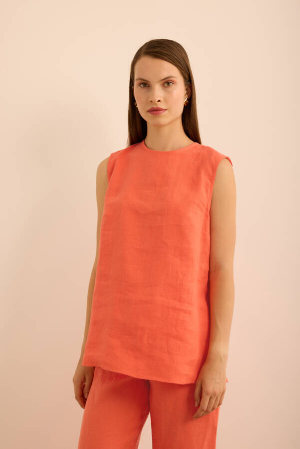 Mercan Bisiklet Yaka Kolsuz Keten Bluz - 3