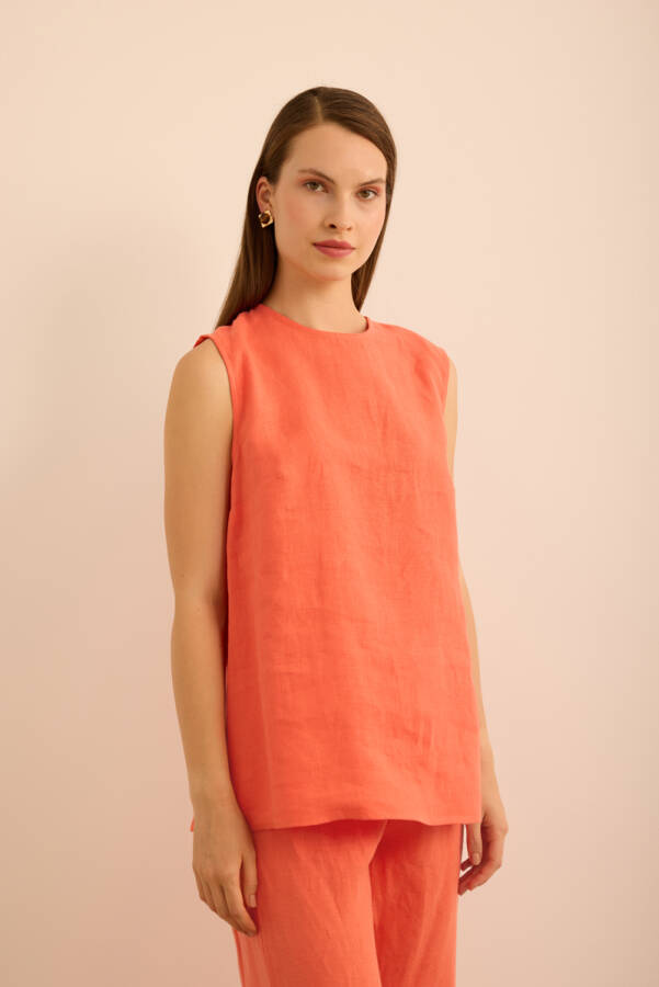 Mercan Bisiklet Yaka Kolsuz Keten Bluz - 4