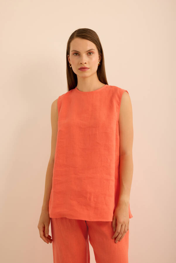 Mercan Bisiklet Yaka Kolsuz Keten Bluz - Aker (1)