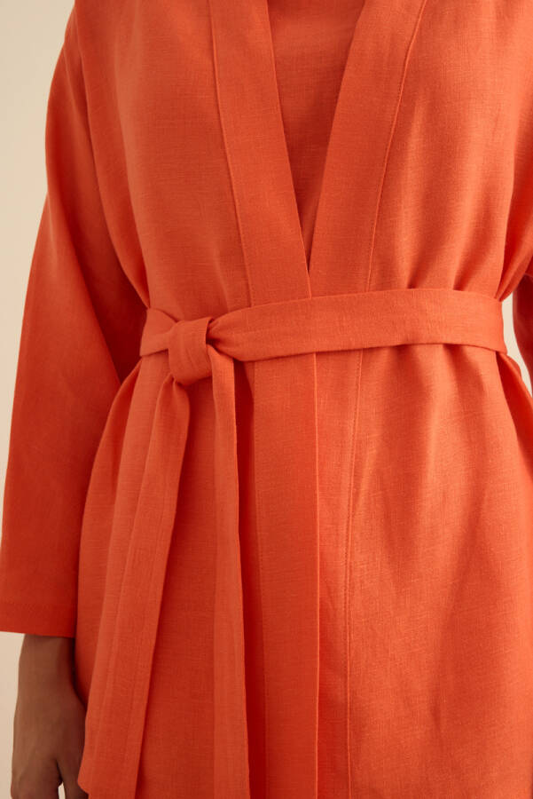 Mercan Seyyar Kuşaklı Keten Kımono - 6