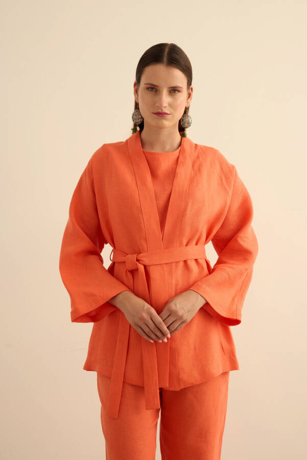 Mercan Seyyar Kuşaklı Keten Kımono - 3