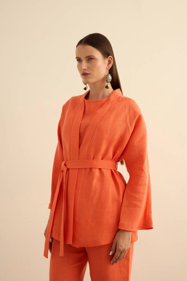 Mercan Seyyar Kuşaklı Keten Kımono - 4