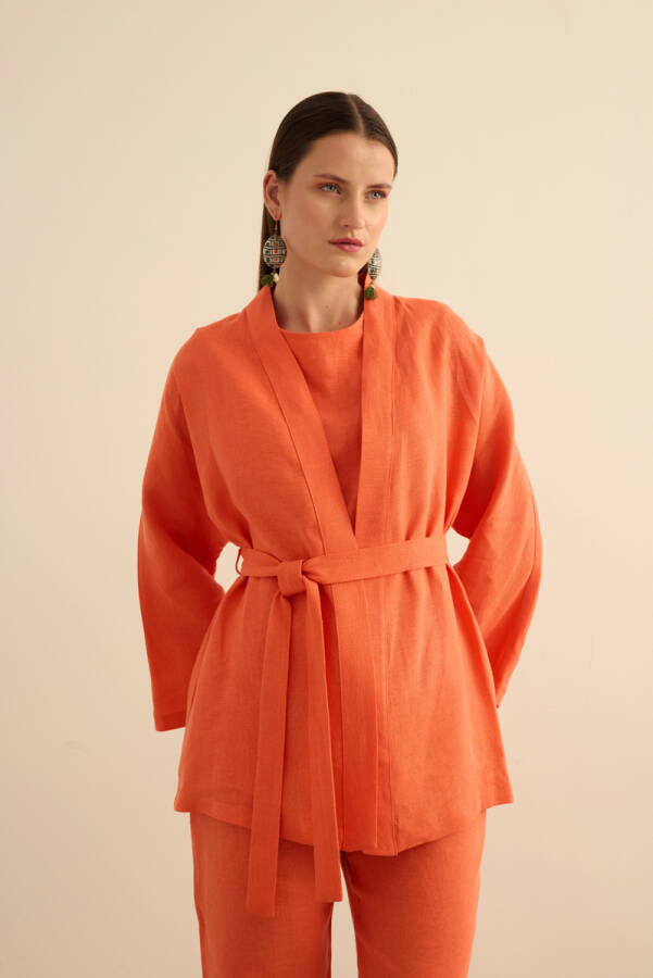 Mercan Seyyar Kuşaklı Keten Kımono - Aker (1)