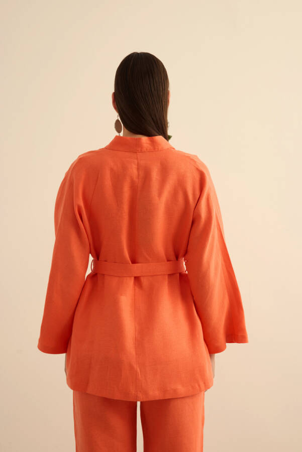 Mercan Seyyar Kuşaklı Keten Kımono - 7