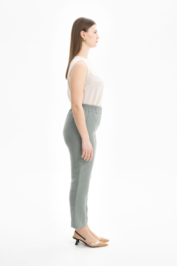 Mint Arka Bel Lastikli Keten Pantolon - 2