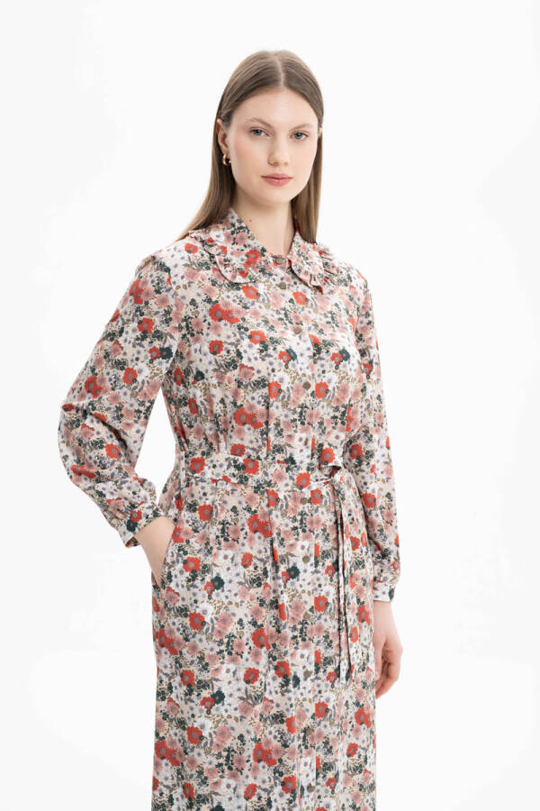 Mint Yakası Fırfır Detaylı Desenli Elbise - Aker