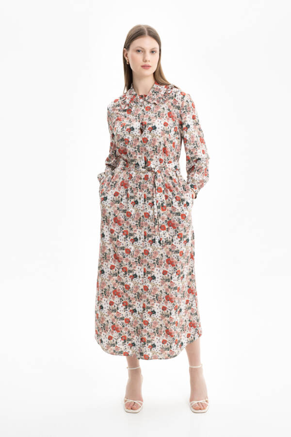 Mint Yakası Fırfır Detaylı Desenli Elbise - Aker