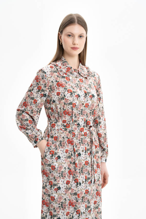 Mint Yakası Fırfır Detaylı Desenli Elbise - 5