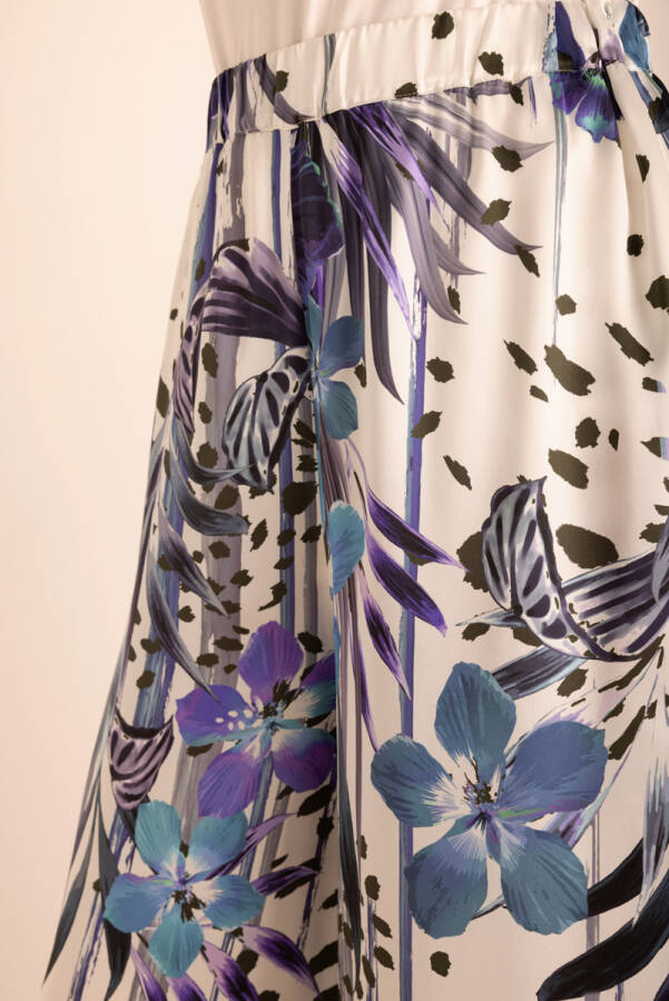 Mor Desenli Beli Lastikli İpek Pantolon Etek - 4