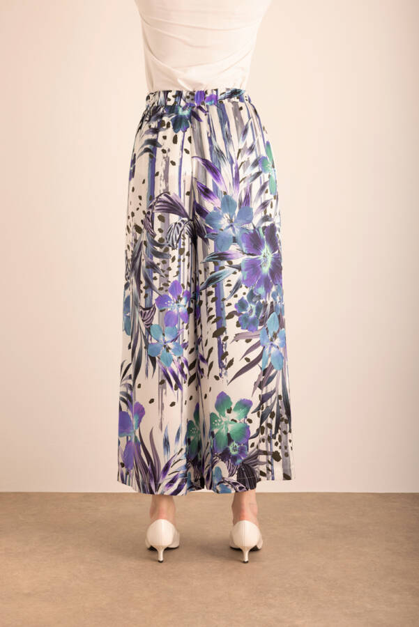 Mor Desenli Beli Lastikli İpek Pantolon Etek - 7