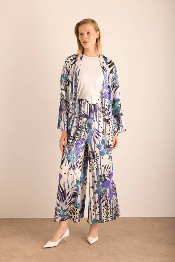 Mor Desenli Beli Lastikli İpek Pantolon Etek - Aker