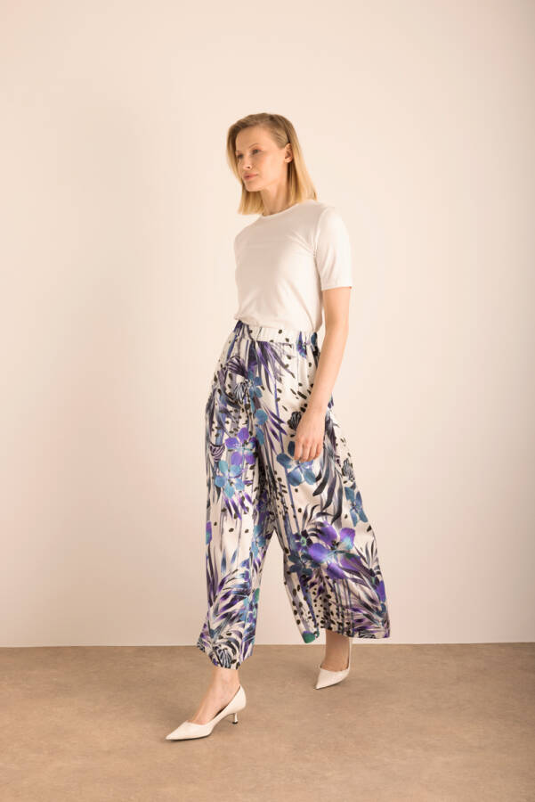Mor Desenli Beli Lastikli İpek Pantolon Etek - Aker (1)