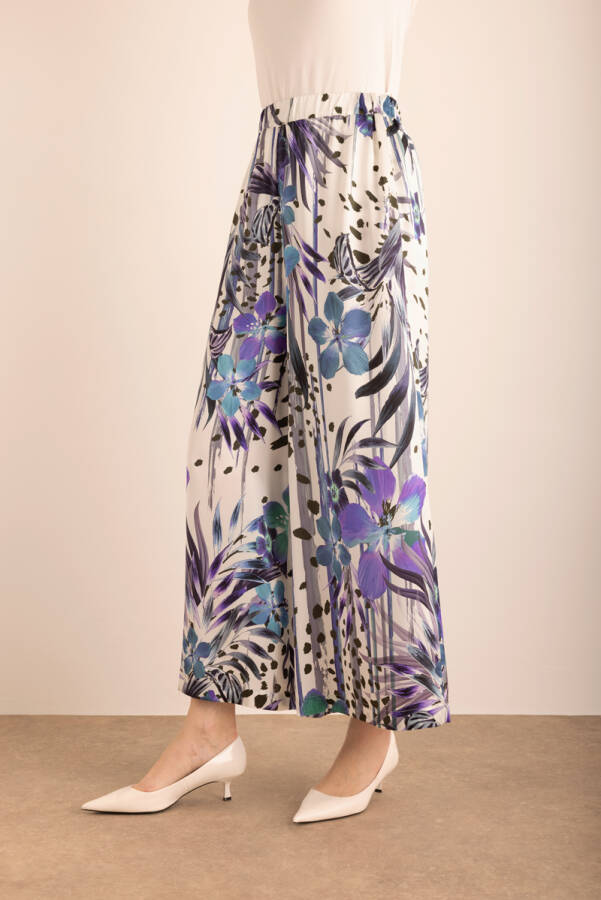 Mor Desenli Beli Lastikli İpek Pantolon Etek - 4