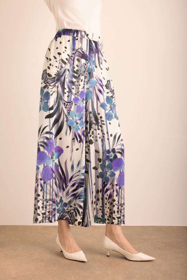 Mor Desenli Beli Lastikli İpek Pantolon Etek - 5