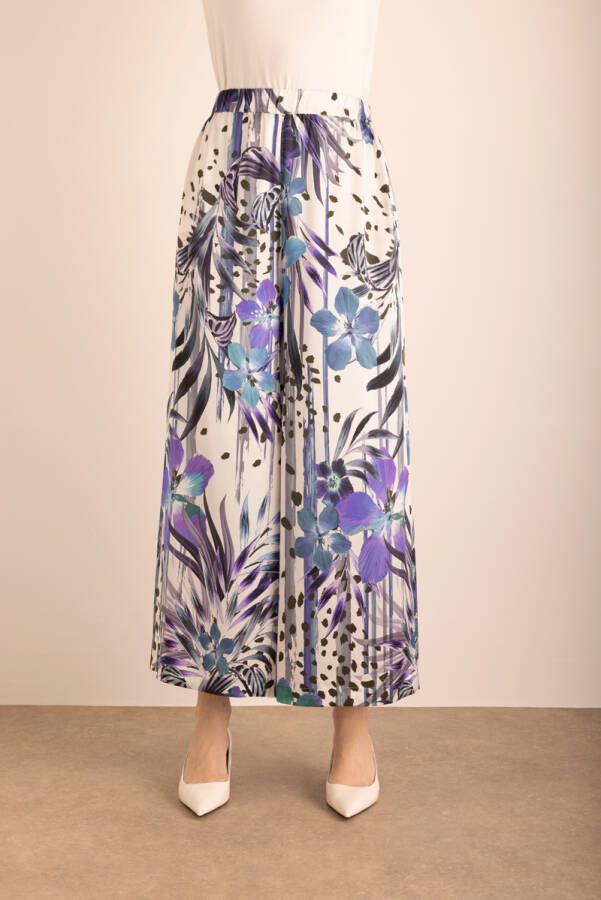 Mor Desenli Beli Lastikli İpek Pantolon Etek - 3