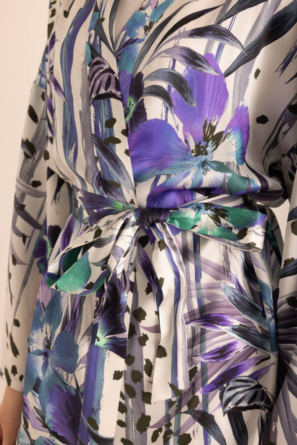 Mor Desenli Seyyar Kuşaklı İpek Kimono - 4