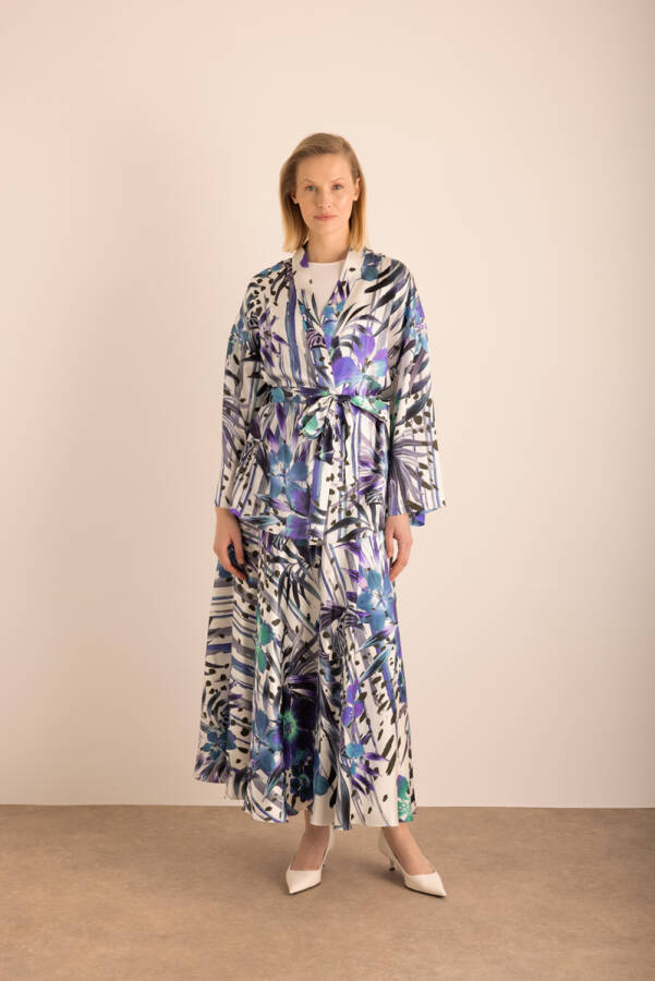 Mor Desenli Seyyar Kuşaklı İpek Kimono - 1