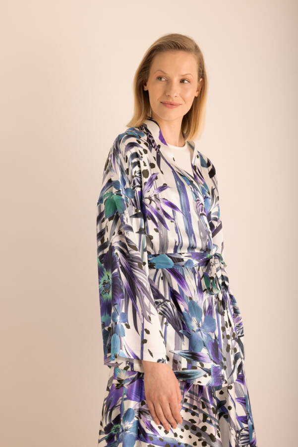 Mor Desenli Seyyar Kuşaklı İpek Kimono - 3