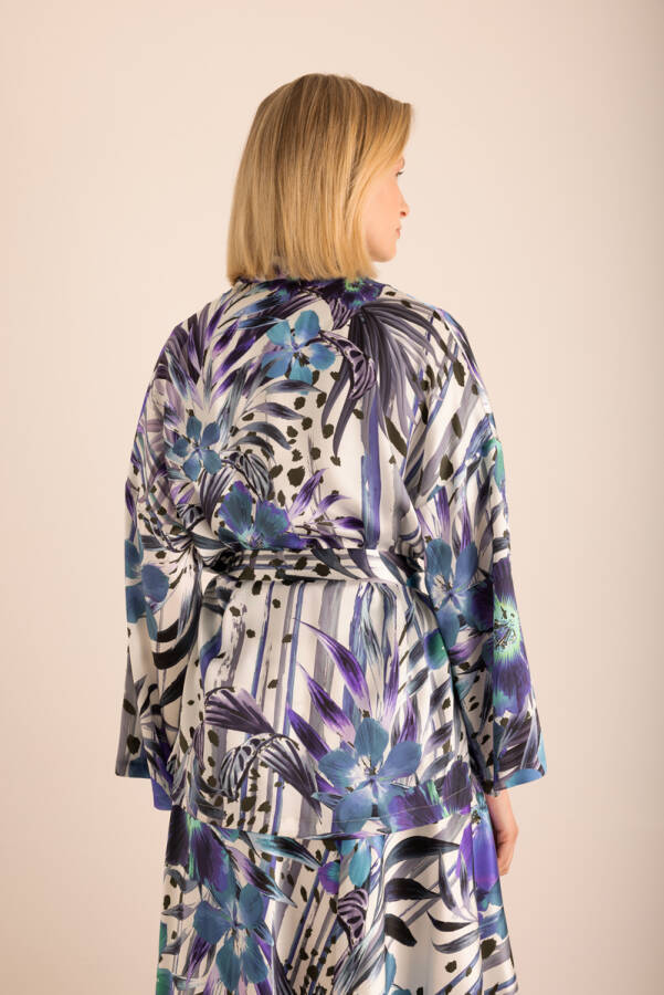 Mor Desenli Seyyar Kuşaklı İpek Kimono - 7