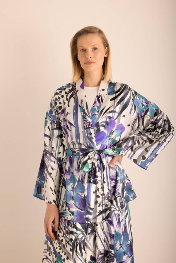 Mor Desenli Seyyar Kuşaklı İpek Kimono - 6
