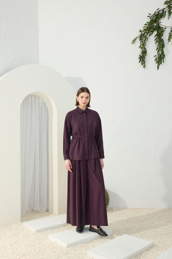 Mürdüm Bağcıklı Bluz - 1