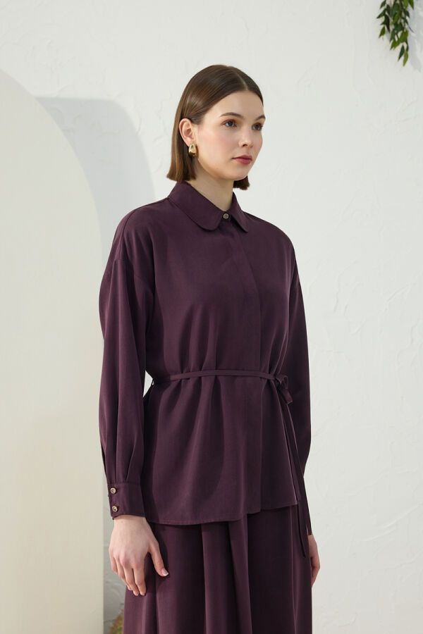 Mürdüm Bağcıklı Bluz - 4