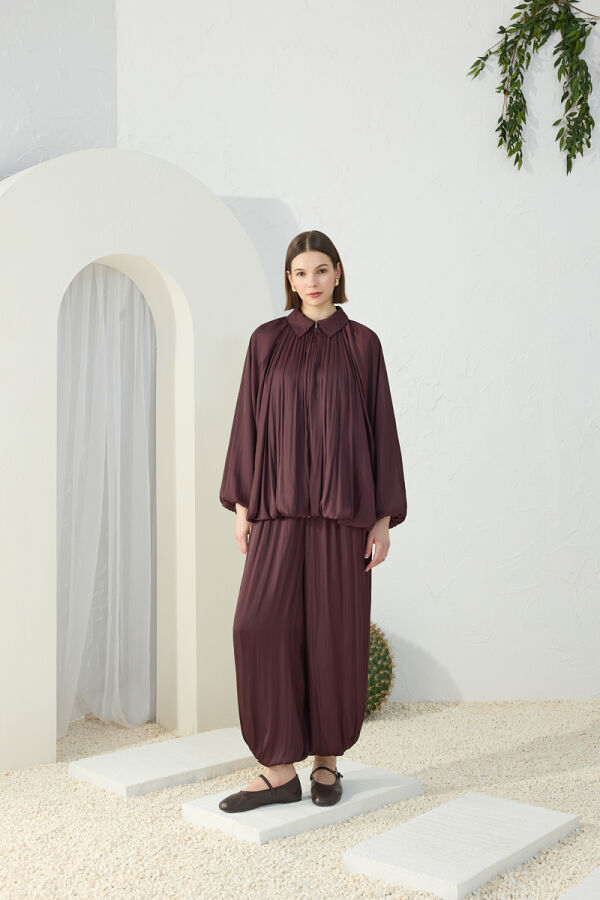 Mürdüm Büzgülü Saten Ceket - 1