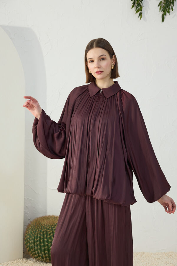 Mürdüm Büzgülü Saten Ceket - 2