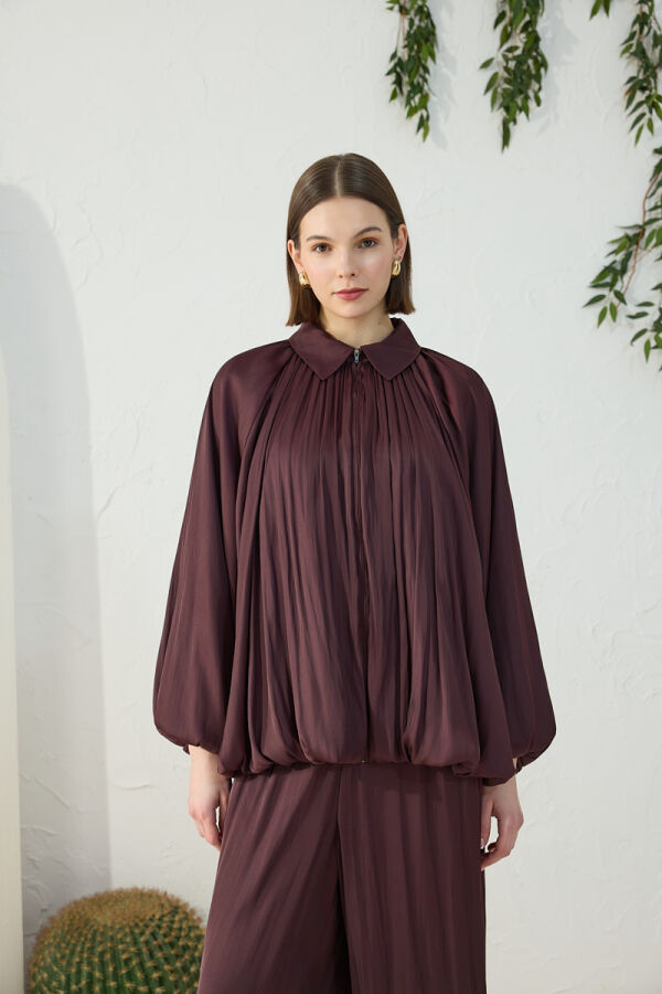 Mürdüm Büzgülü Saten Ceket - 3