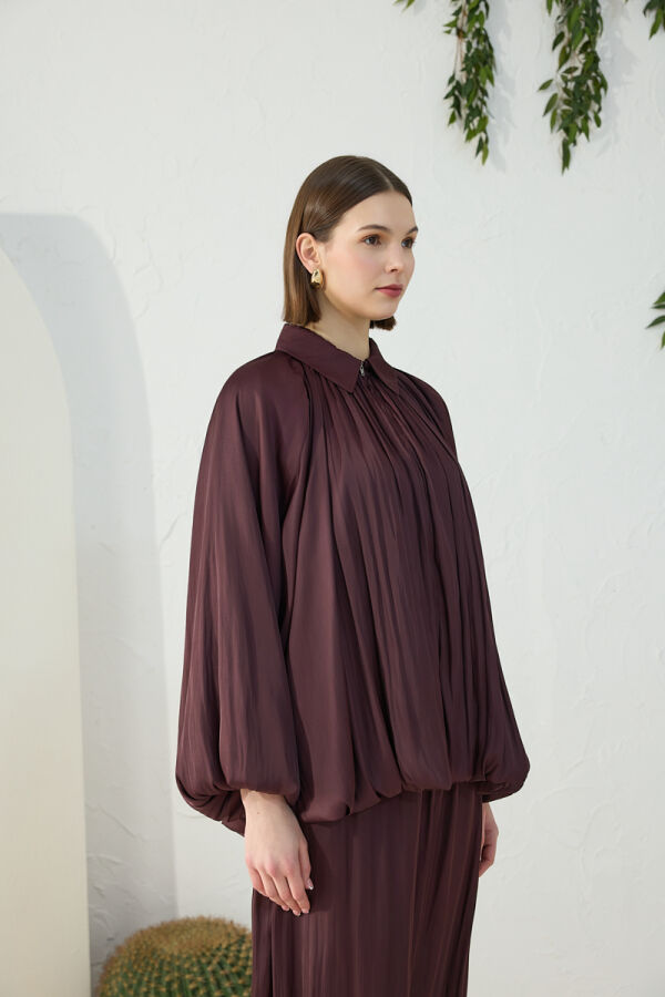 Mürdüm Büzgülü Saten Ceket - 5