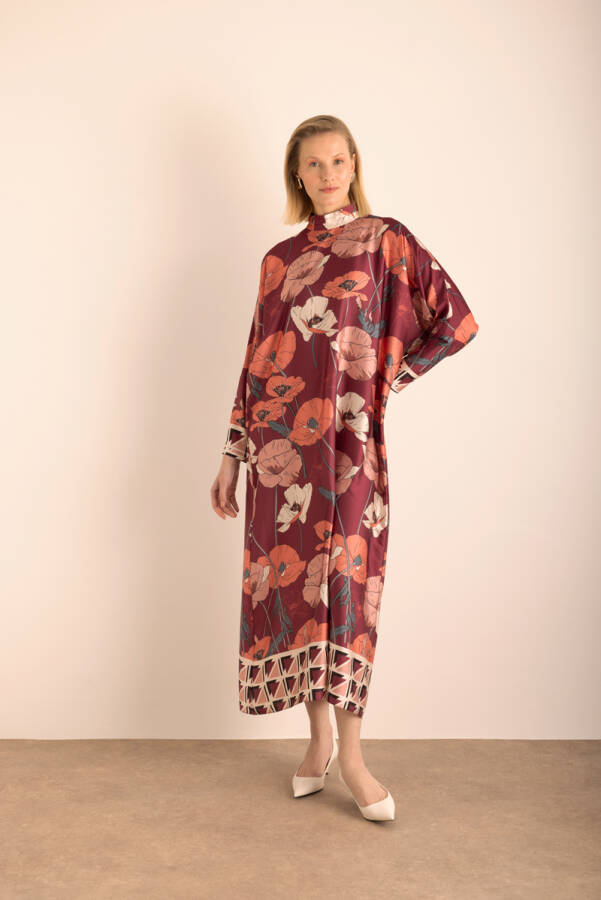 Mürdüm Desenli Dokuma Elbise - 1