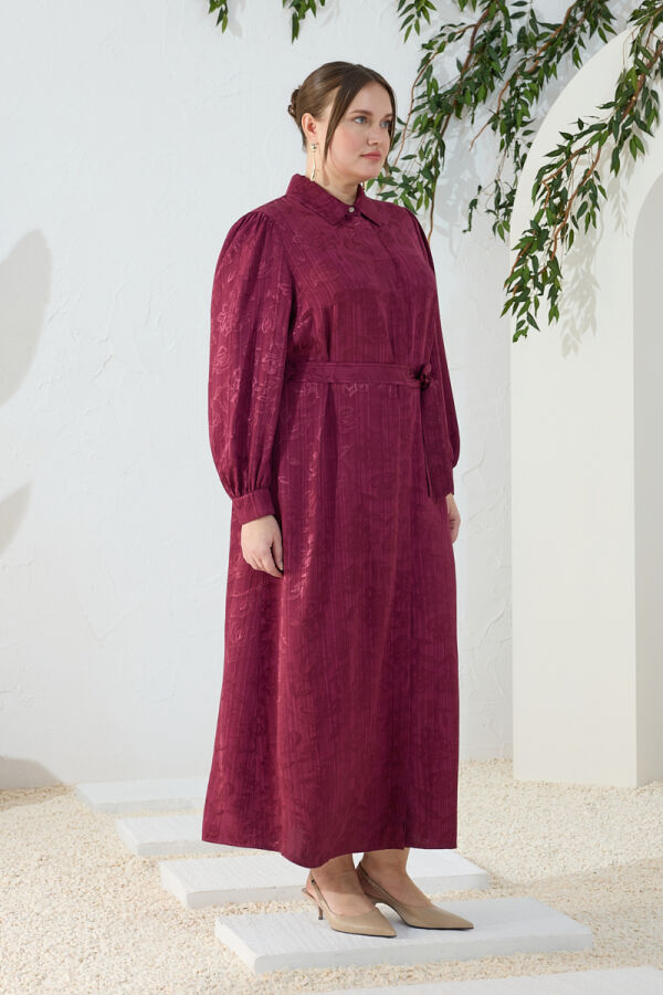 Mürdüm Jakar Desenli Klasik Elbise - 3