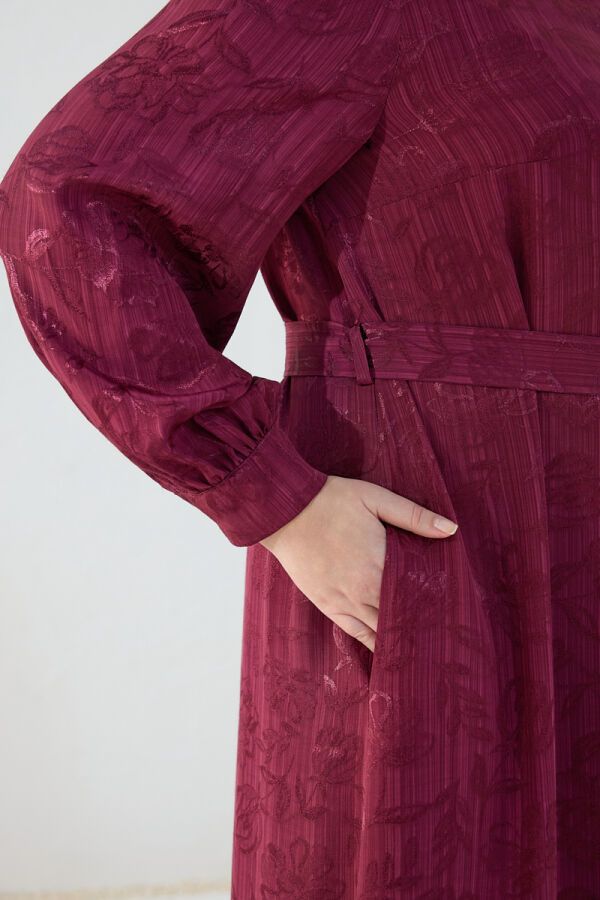 Mürdüm Jakar Desenli Klasik Elbise - 5