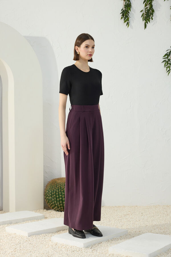 Mürdüm Kemerli Pileli Pantolon Etek - 3