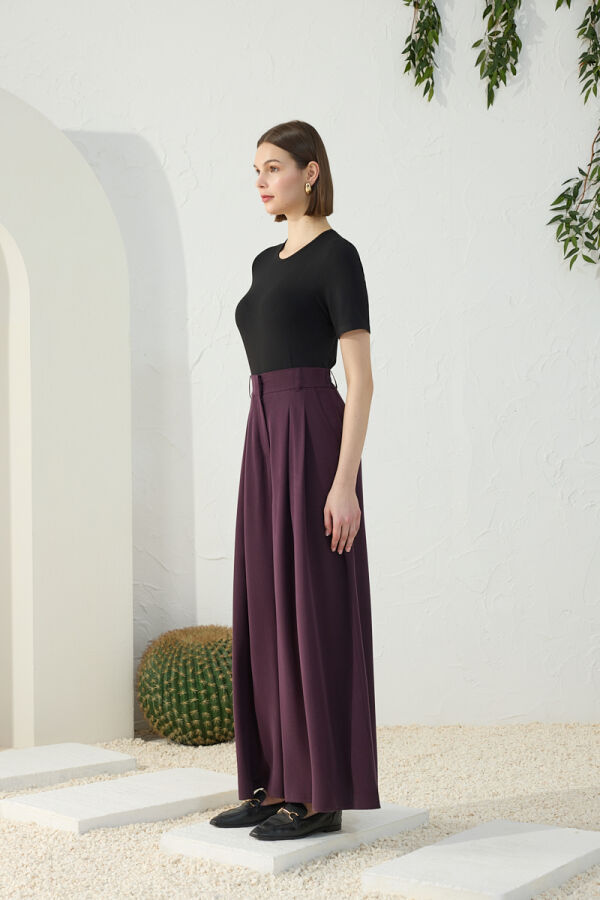 Mürdüm Kemerli Pileli Pantolon Etek - 4