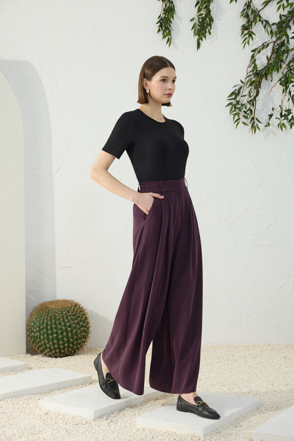 Mürdüm Kemerli Pileli Pantolon Etek - 5