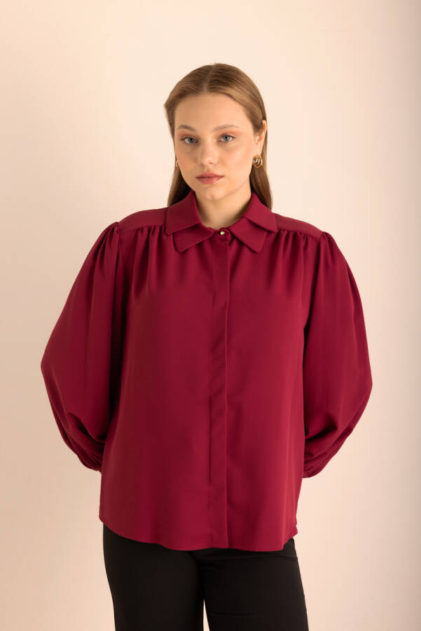 Mürdüm Yakası İşleme Detaylı Dokuma Gömlek - 1