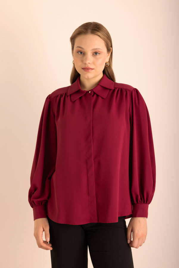 Mürdüm Yakası İşleme Detaylı Dokuma Gömlek - Aker (1)