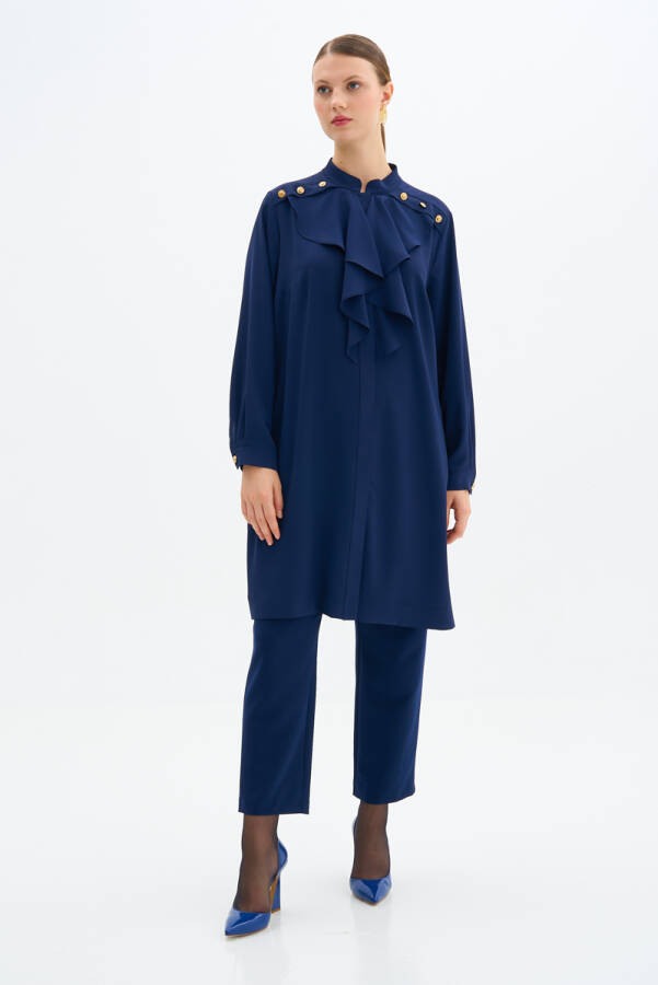 Navy Blue Flounced Button Detailed Tunic - 1