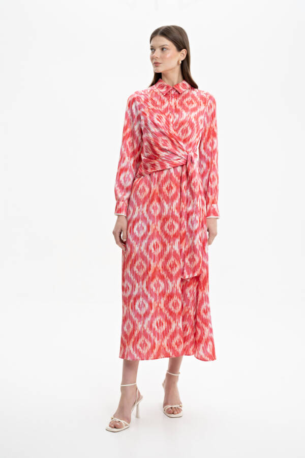 Pembe Anvelop Bağlama Desenli Elbise - 2