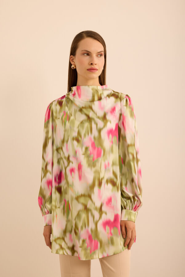 Pembe Batik Desenli Dik Yakalı Bluz - 3