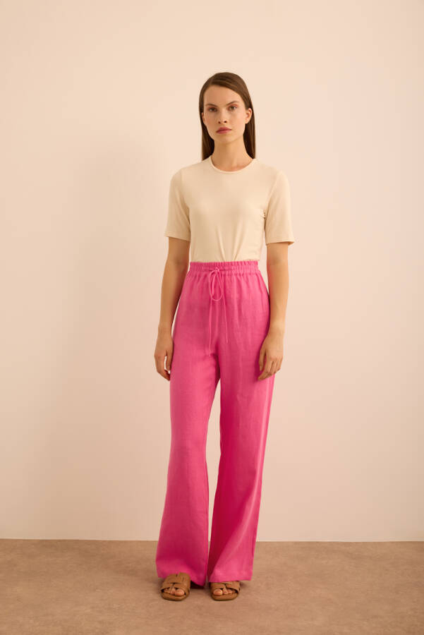 Pembe Beli Lastikli Keten Pantolon - Aker