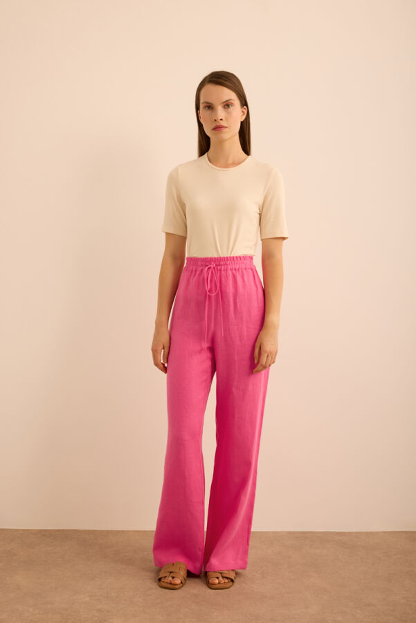 Pembe Beli Lastikli Keten Pantolon - Aker