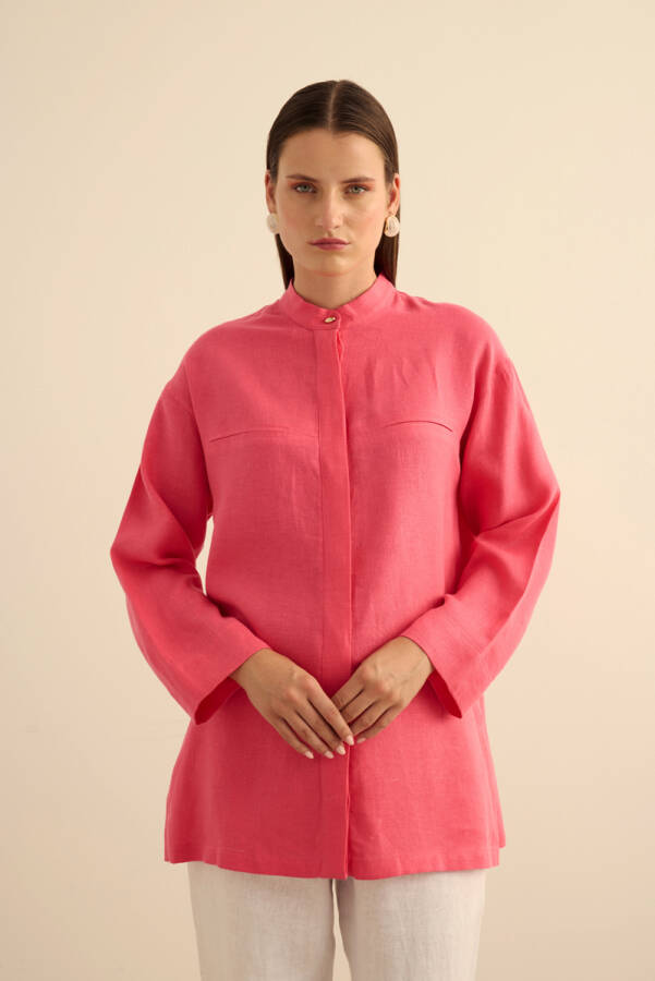 Pembe Hakim Yaka Keten Gömlek - 4