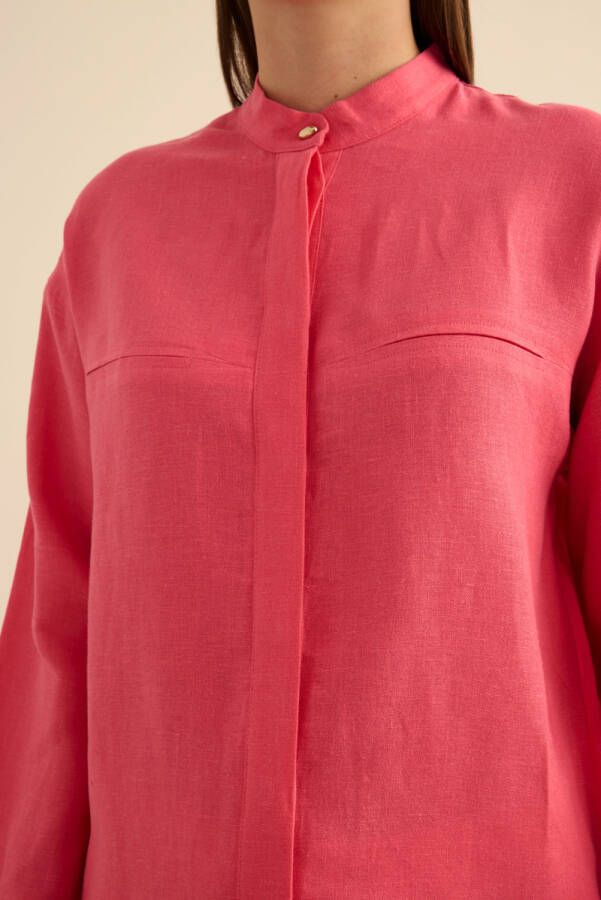 Pembe Hakim Yaka Keten Gömlek - 6